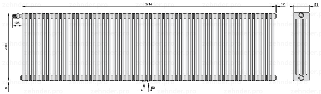 Схема (чертеж) Радиатор Zehnder Charleston 5200/59 №V007 Белый глянцевый RAL 9016